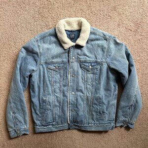 GAP Denim Jacket Womens Large Sherpa Fleece Lined Trucker Button Up Jean
